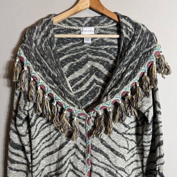 Soft Surroundings Zebra Print Fringe Knit Cardigan Sweater Women's Medium Shawl - Picture 5 of 13